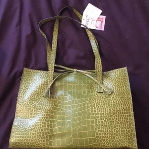 Stylish green faux snake skin bag.